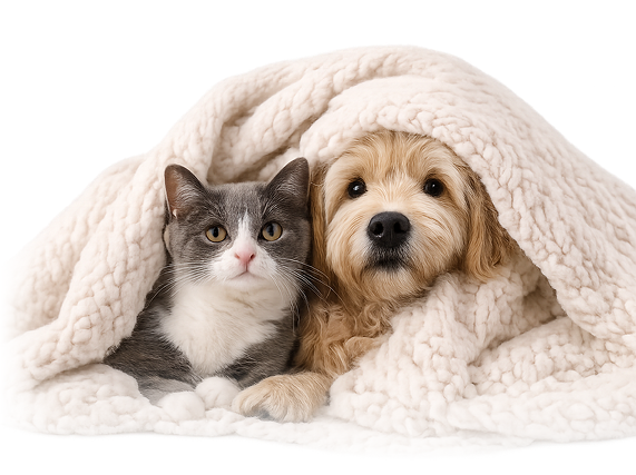 A cat and dog together under a blanket