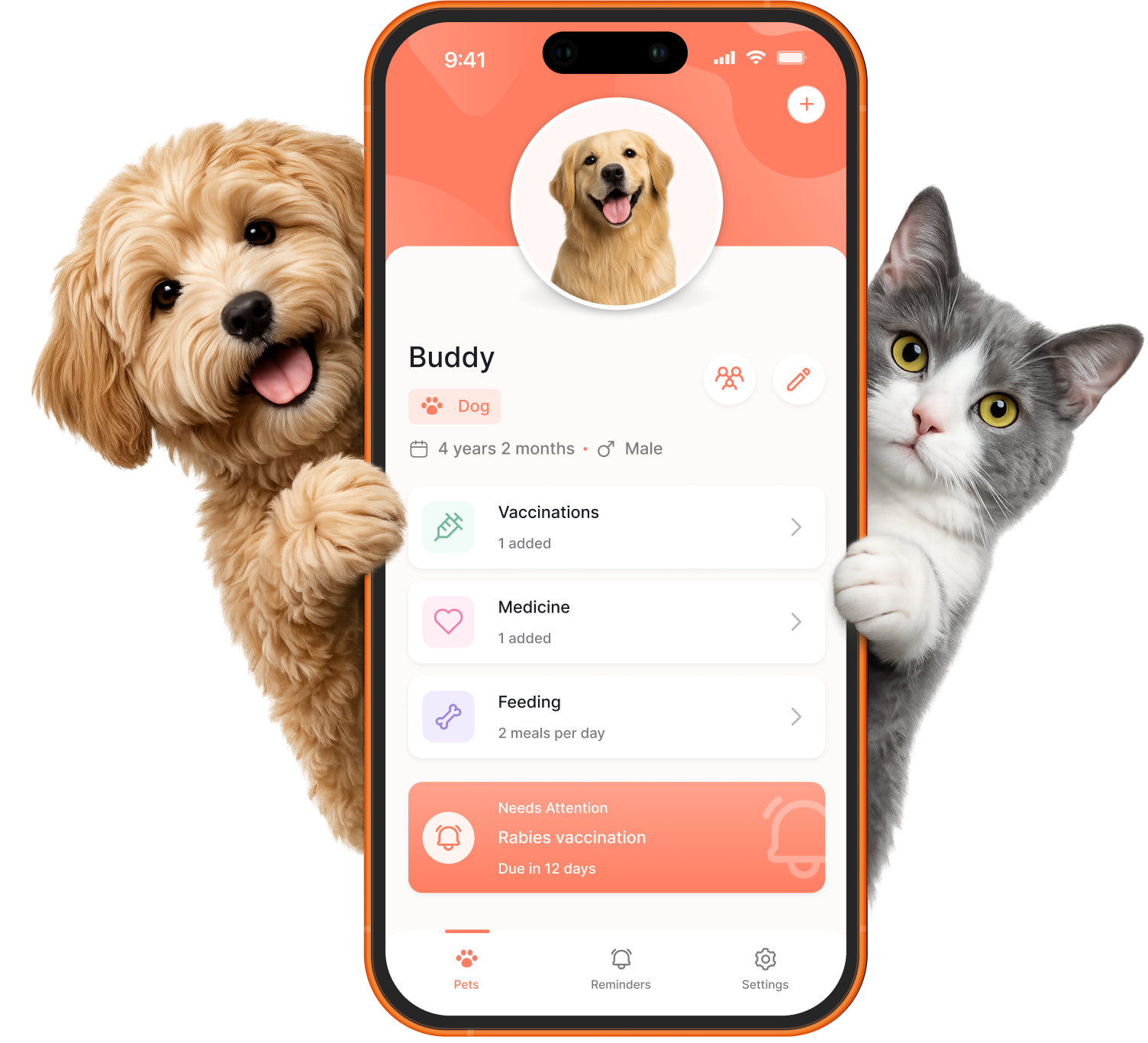 Puki app shown with a happy dog and cat